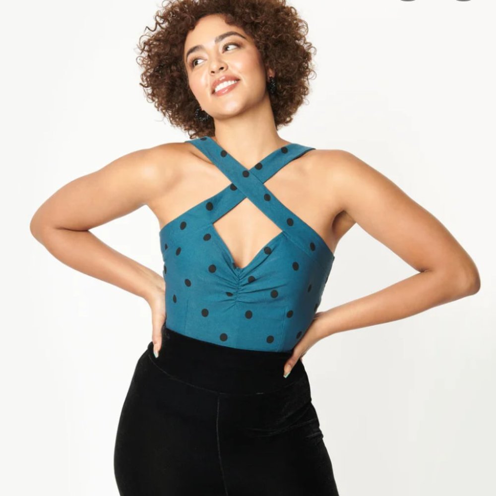 NWT Unique Vintage Teal & Black Polka Dot Porter Top Size 2 XS